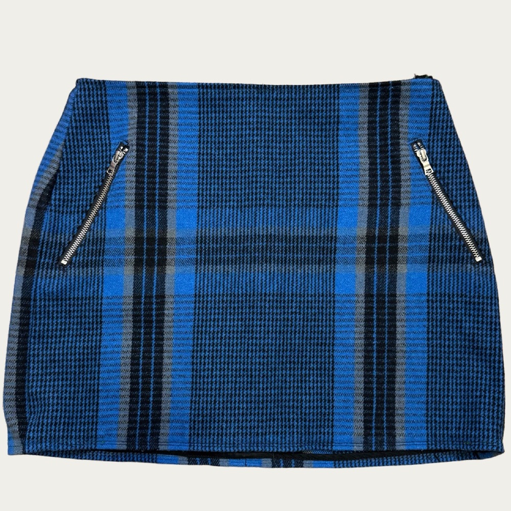 Gap Short Mini Skirt Plaid Tartan Wool Blend BlueBlack Zip Pockets Women's 14